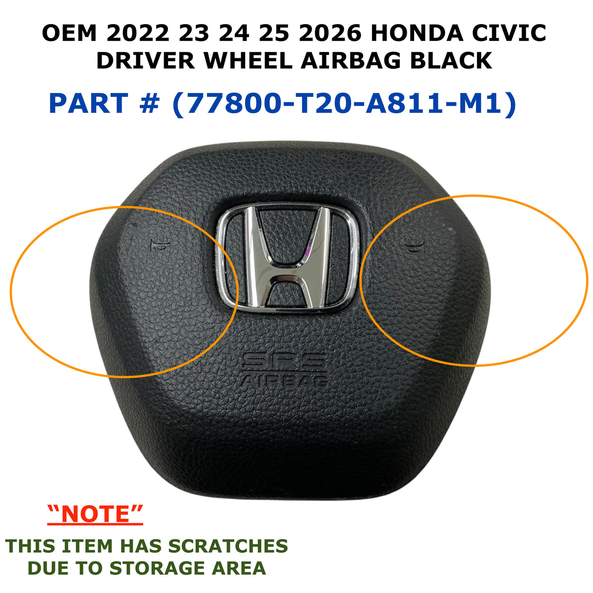 2022-2026 Honda Civic Driver Wheel Airbag OEM Black 77800-T20-A811-M1, photo 1