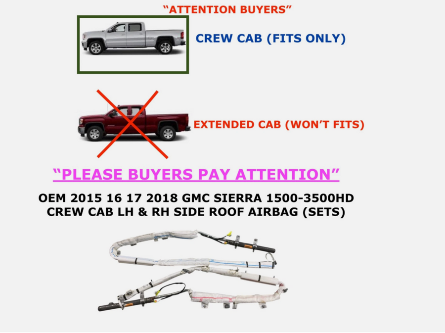 2015-2018 OEM GMC Sierra 1500 2500HD 3500HD Crew Cab Left & Right Side Roof Airbag Set 84179495 & 85578042